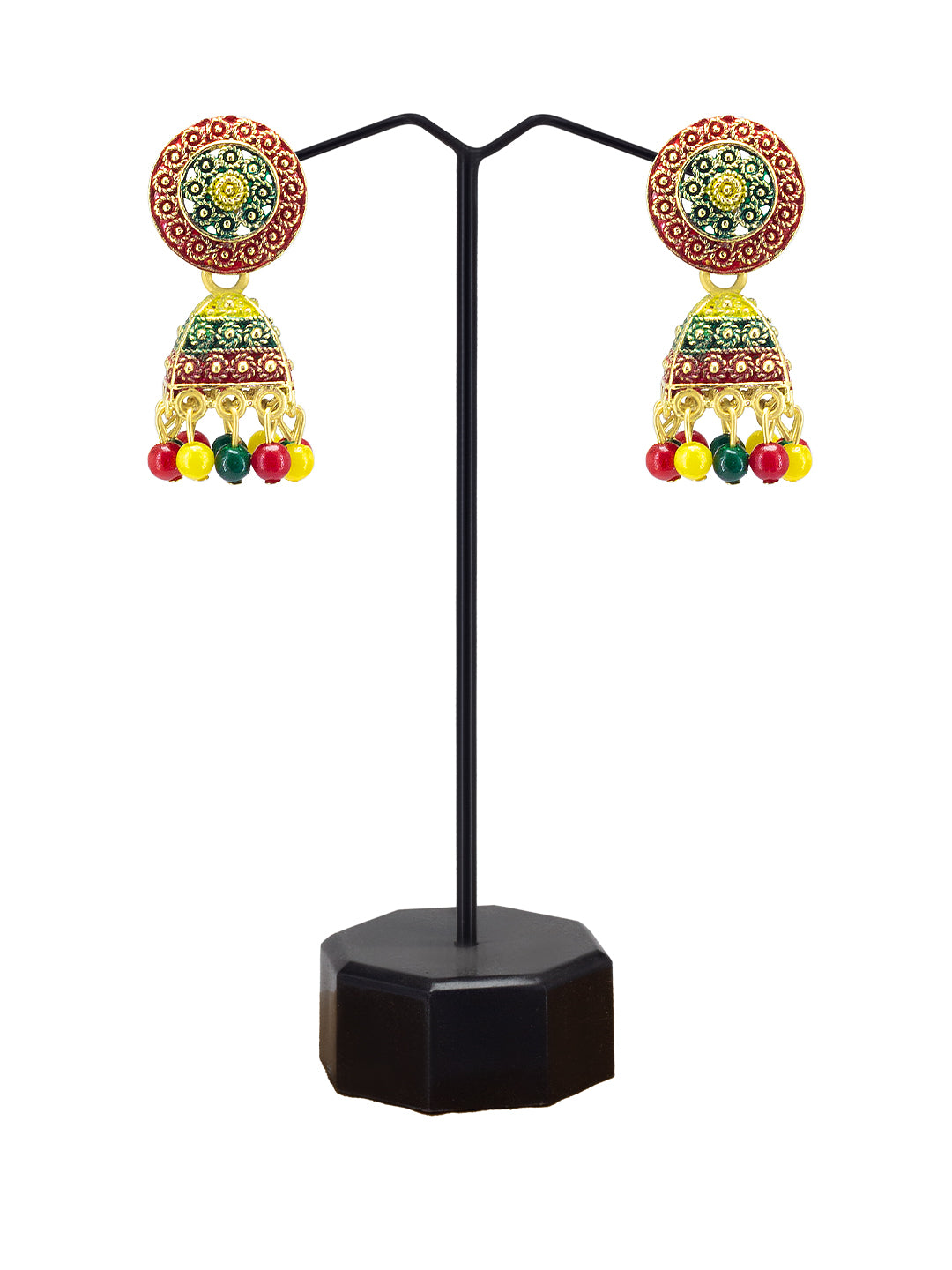 Gold Plated Circular Multi Color Artificial Beaded Jhumki Earrings
