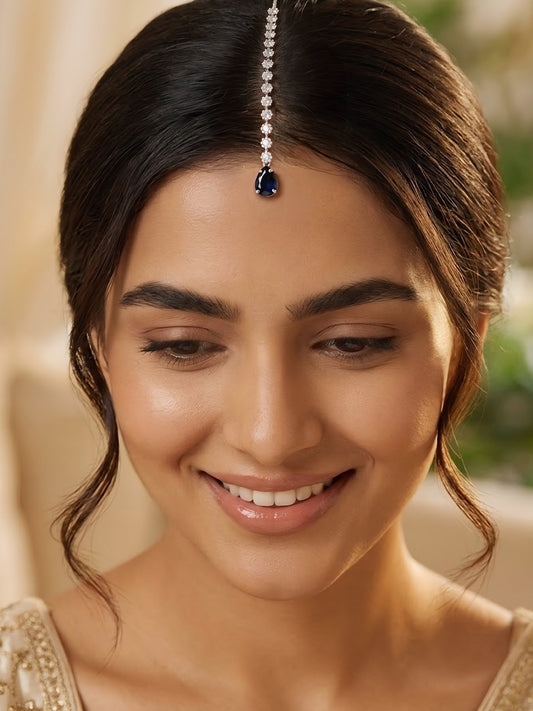 Silver Plated Blue AD Teardrop Maang Tikka for Women