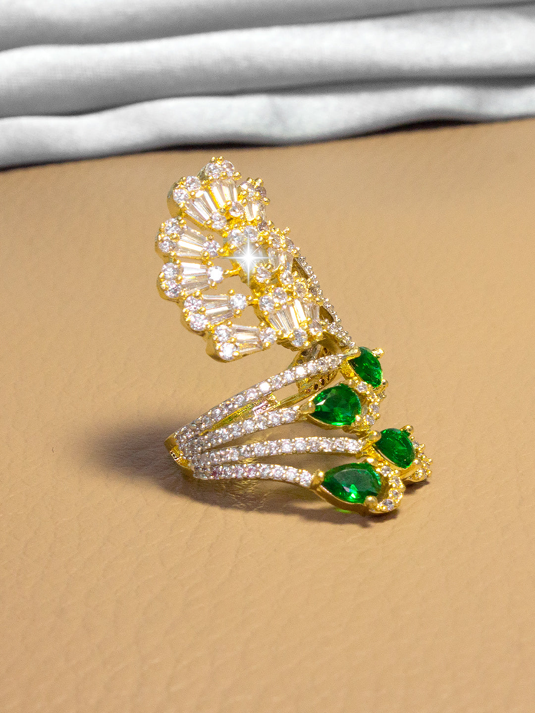 Gold Plated Green AD Adjustable Cocktail Ring For Women