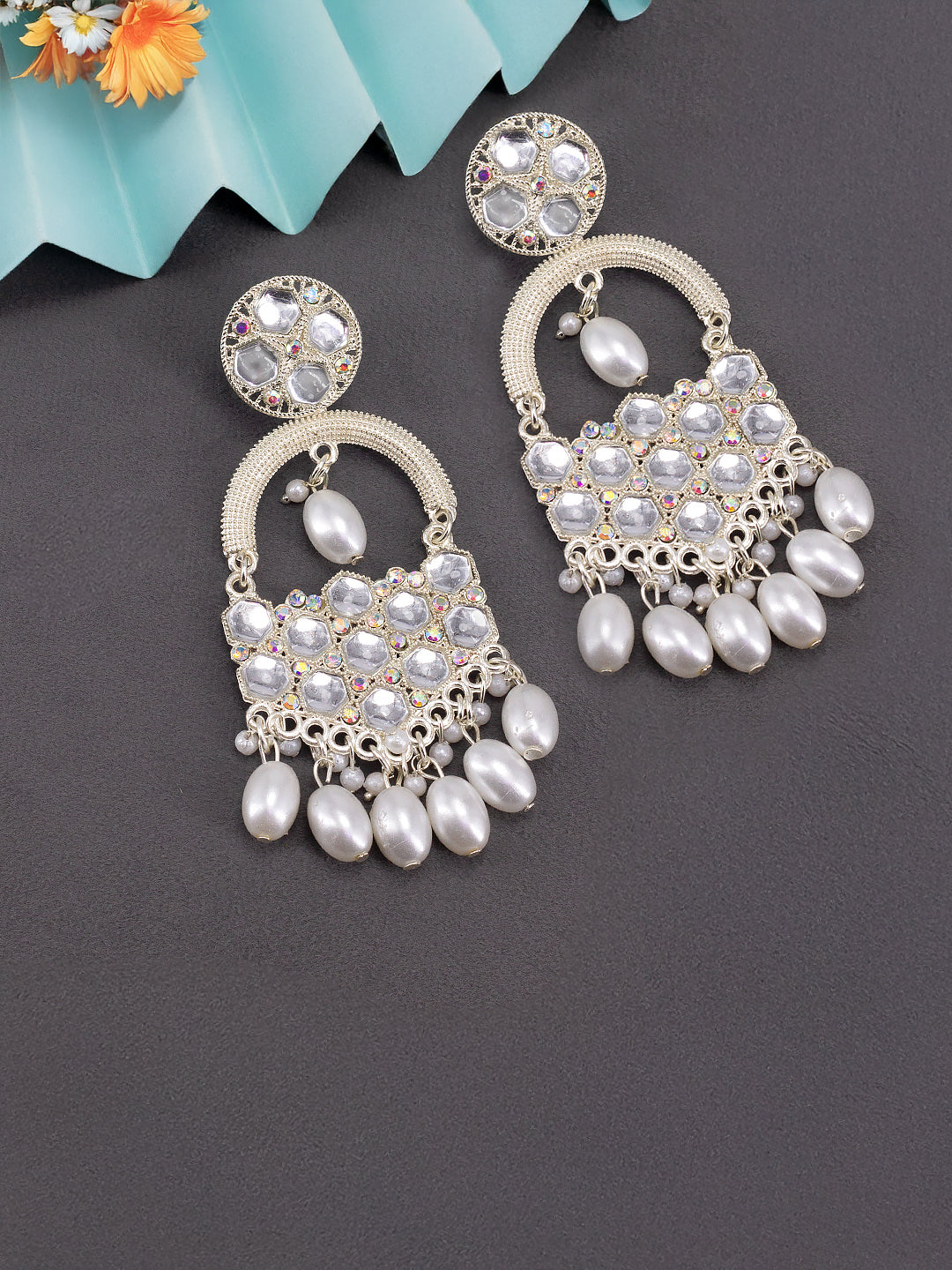 Silver Plated White Artificial Beads & Stones Studded Drop Earrings