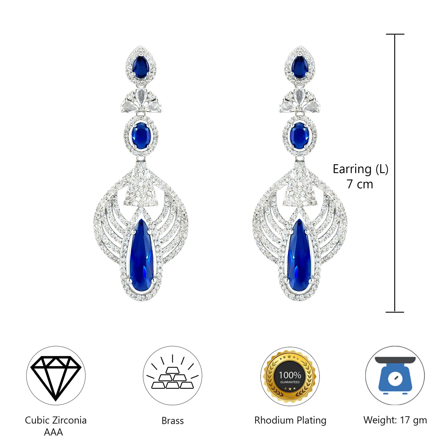 Silver Plated Blue AD Long Earrings for Women