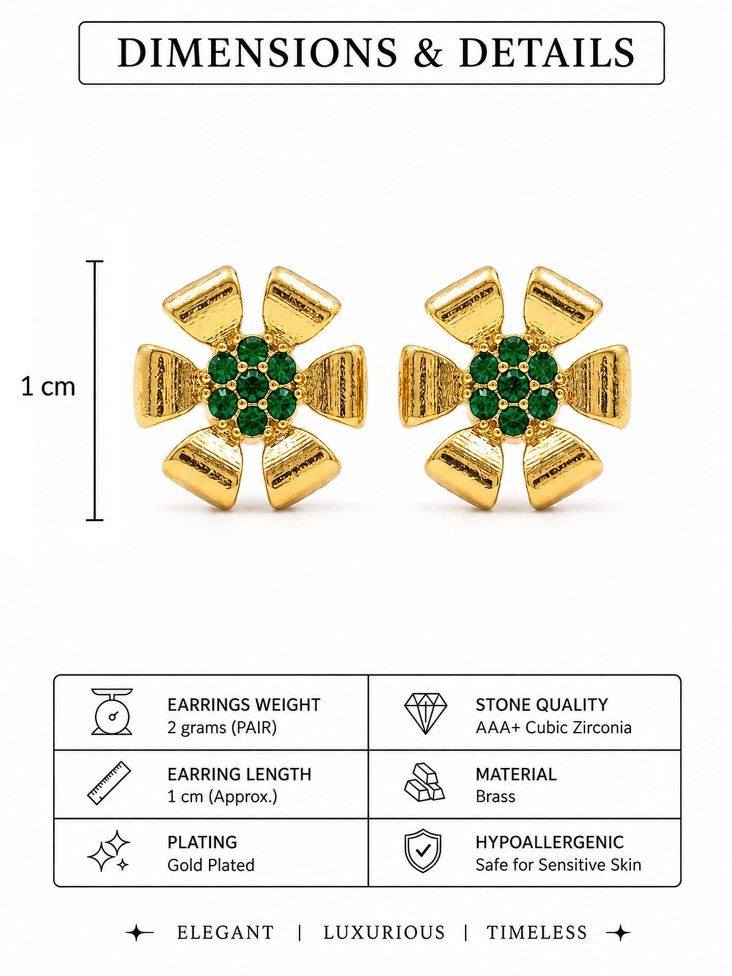 Gold Plated Green AD Floral Stud Earrings for Women