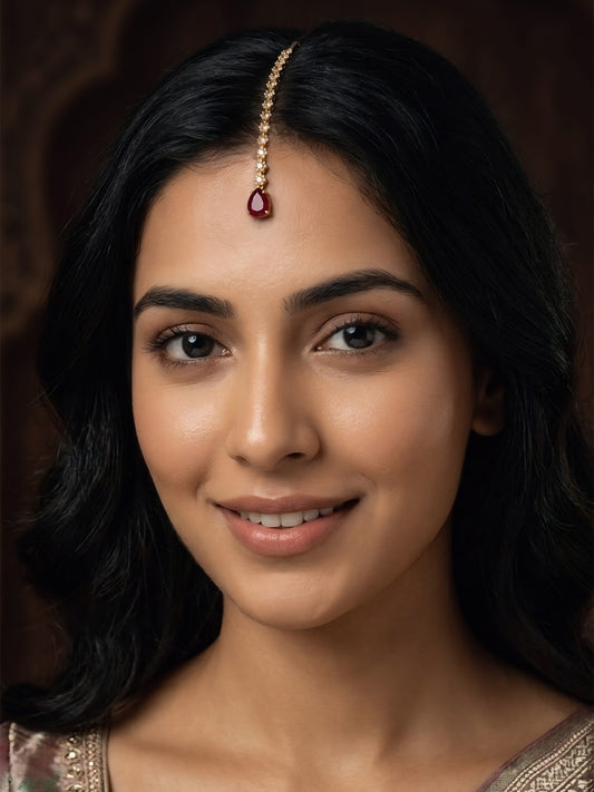 Gold Plated Red AD Teardrop Maang Tikka for Women