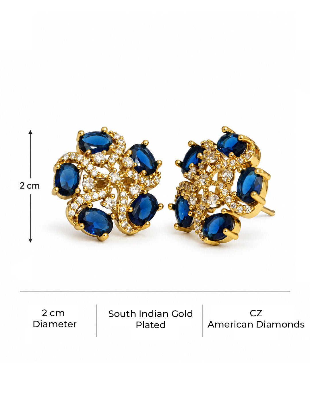South Indian Gold Plated Blue AD Floral Stud Earrings for Women