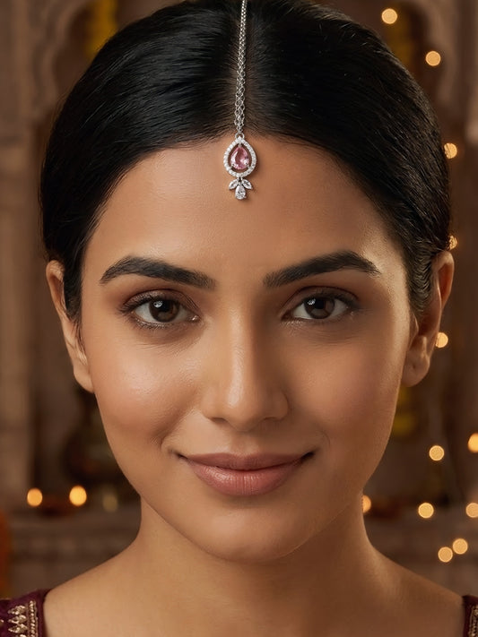 Silver Plated Pink AD Maang Tikka for Women