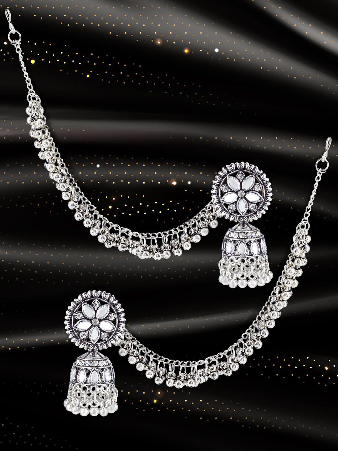 Silver-Oxidised Floral Mirror-Studded Jhumka Earrings With Hair Chain