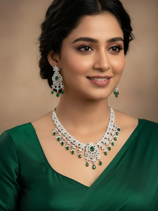 Rhodium Plated Green & White AD Jewellery Set