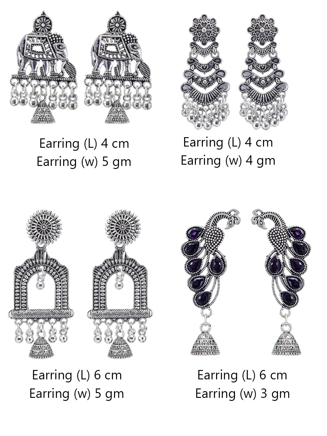 Set of 4 Floral, Peacock & Elephant Jhumki Earrings