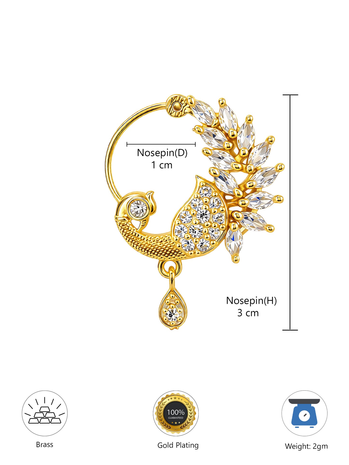 Gold Plated White AD Floral Nose Ring for Women