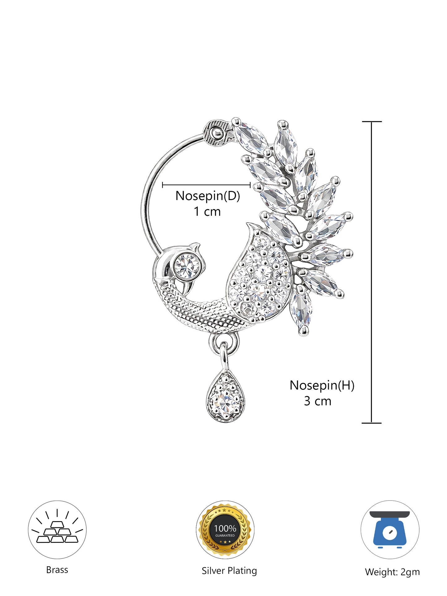 Silver Plated White AD Peacock Nose Ring for Women