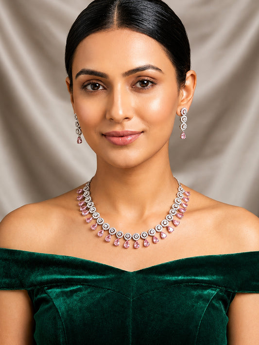 Silver Plated Pink AD Jewellery Set for Women