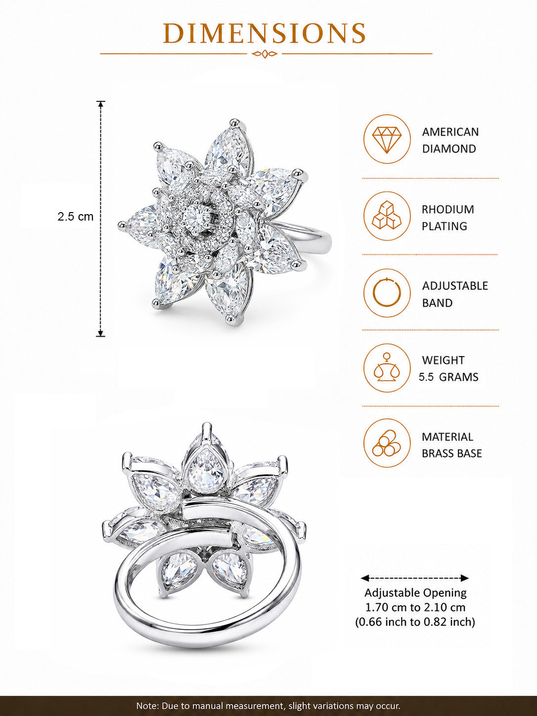 Rhodium Plated AD Floral Finger Ring for Women