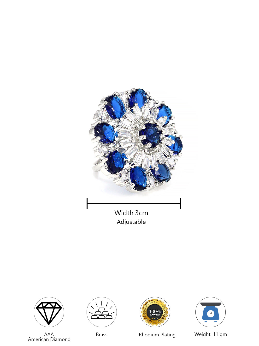 Floral Blue American Diamond Adjustable Cocktail Finger Ring