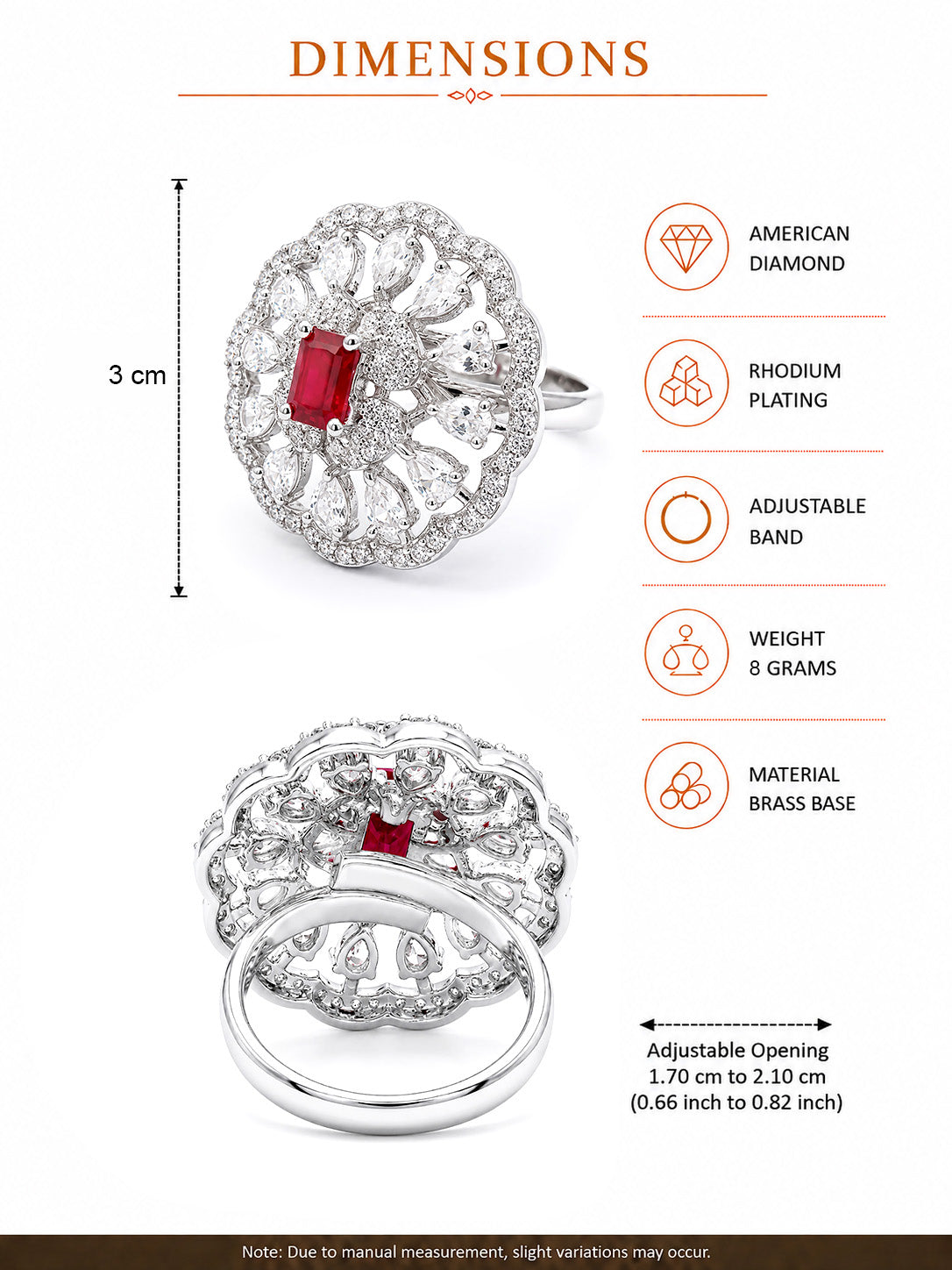Rhodium Plated Red AD Finger Ring for Women