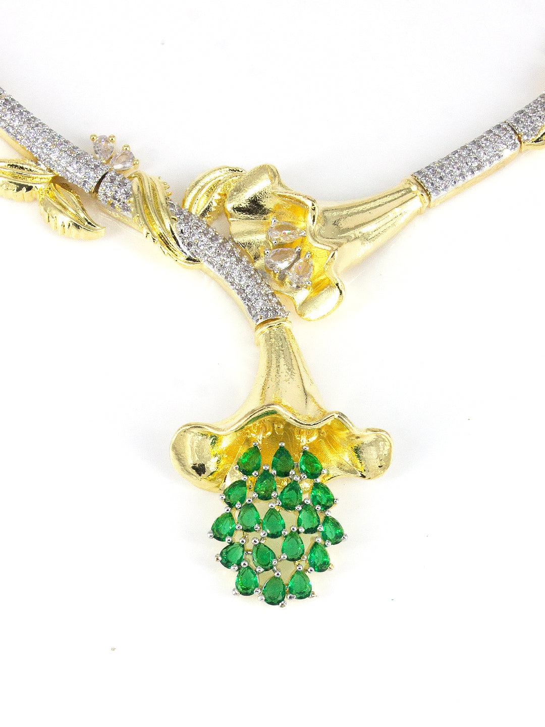 Gold Plated AD Green Floral Jewellery Set for Women