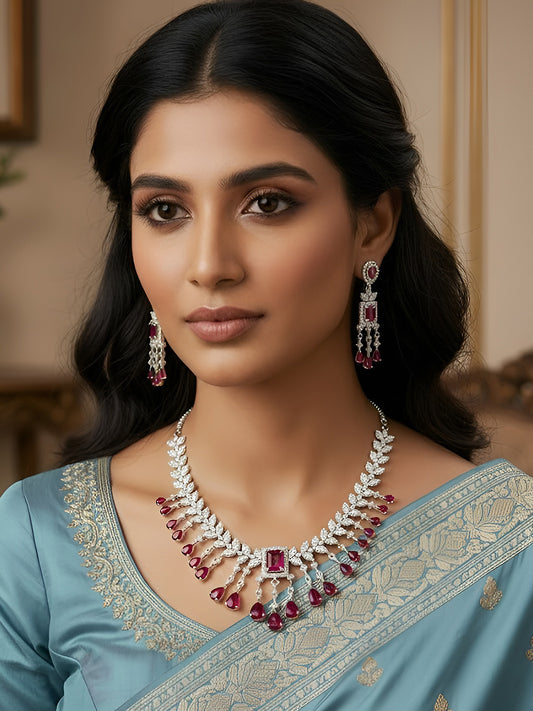 Silver Plated Red American Diamond Studded Jewellery Set