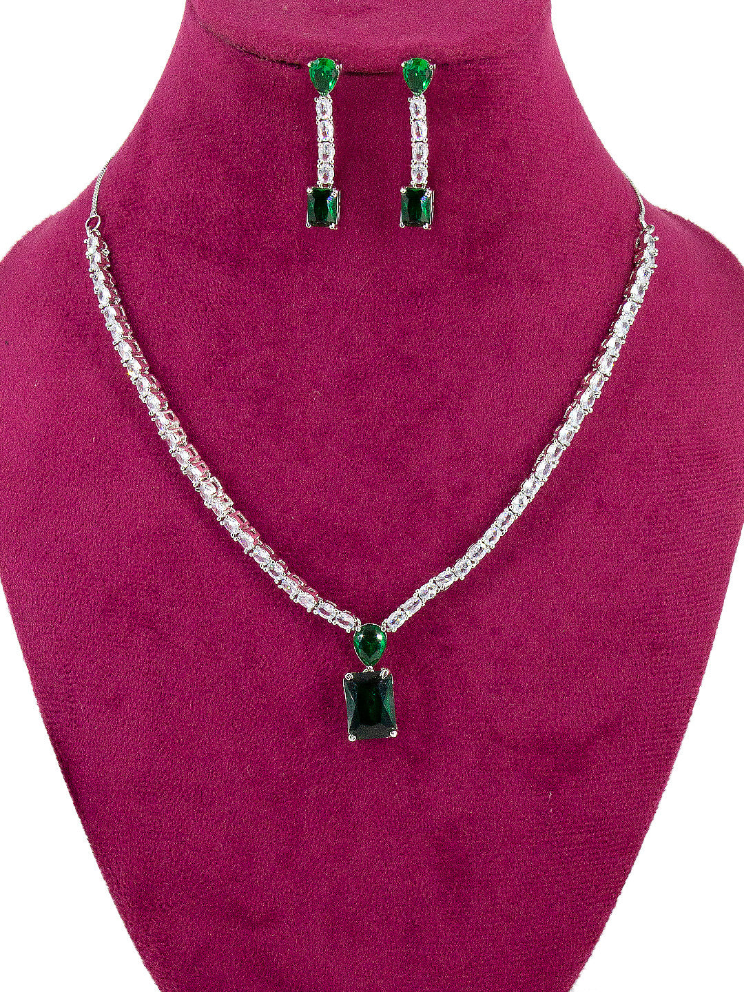 Silver Plated Green AD Minimal Jewellery Set