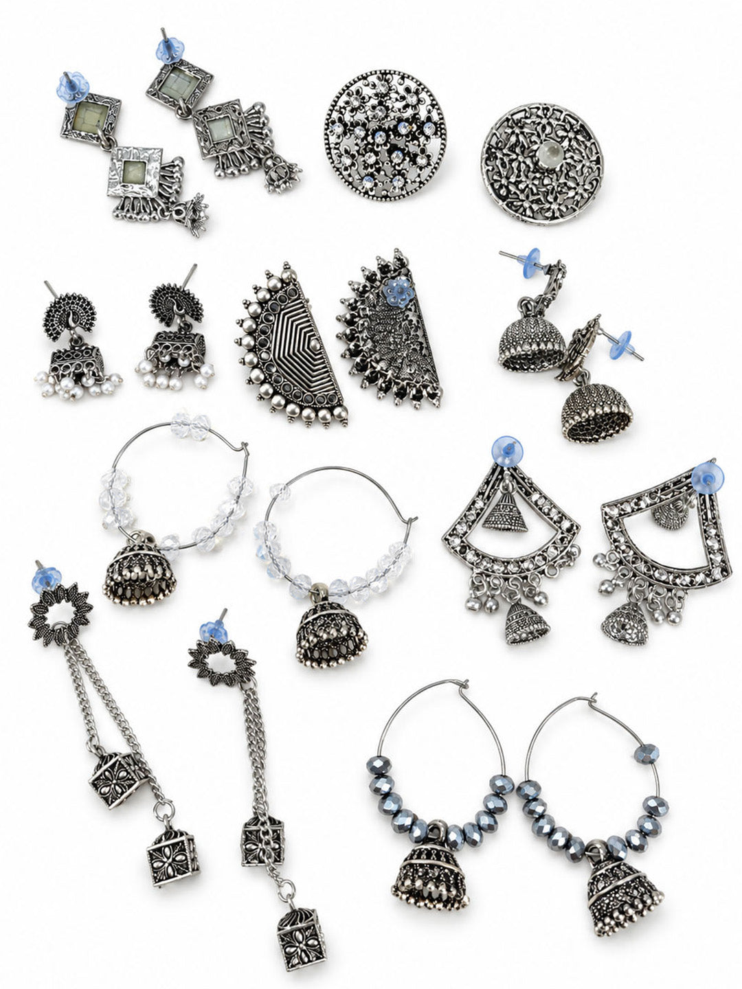 Set of 9 Silver Oxidised Jhumka Earrings for Women