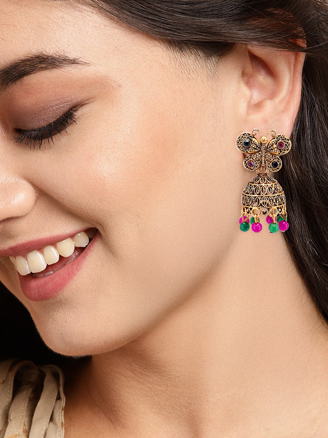 Antique Gold-Plated Butterfly Artificial Stone & Beaded Jhumki Earrings