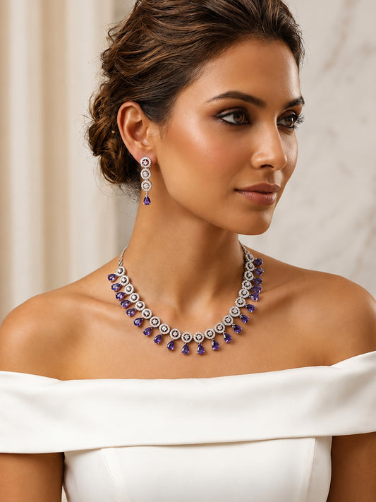 Silver Plated Purple AD Jewellery Set for Women