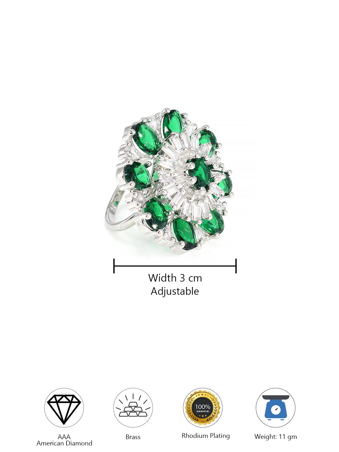Floral Green American Diamond Adjustable Cocktail Finger Ring