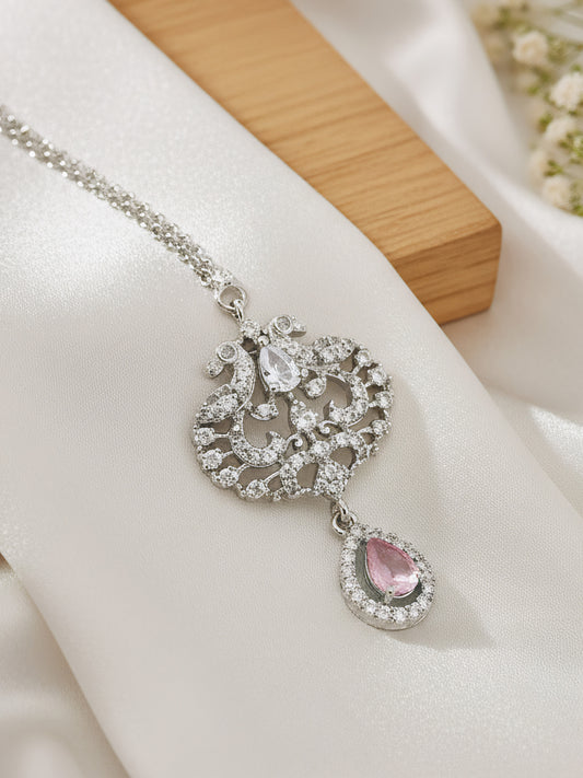 Silver Plated Pink AD Peacock Maang Tikka for Women