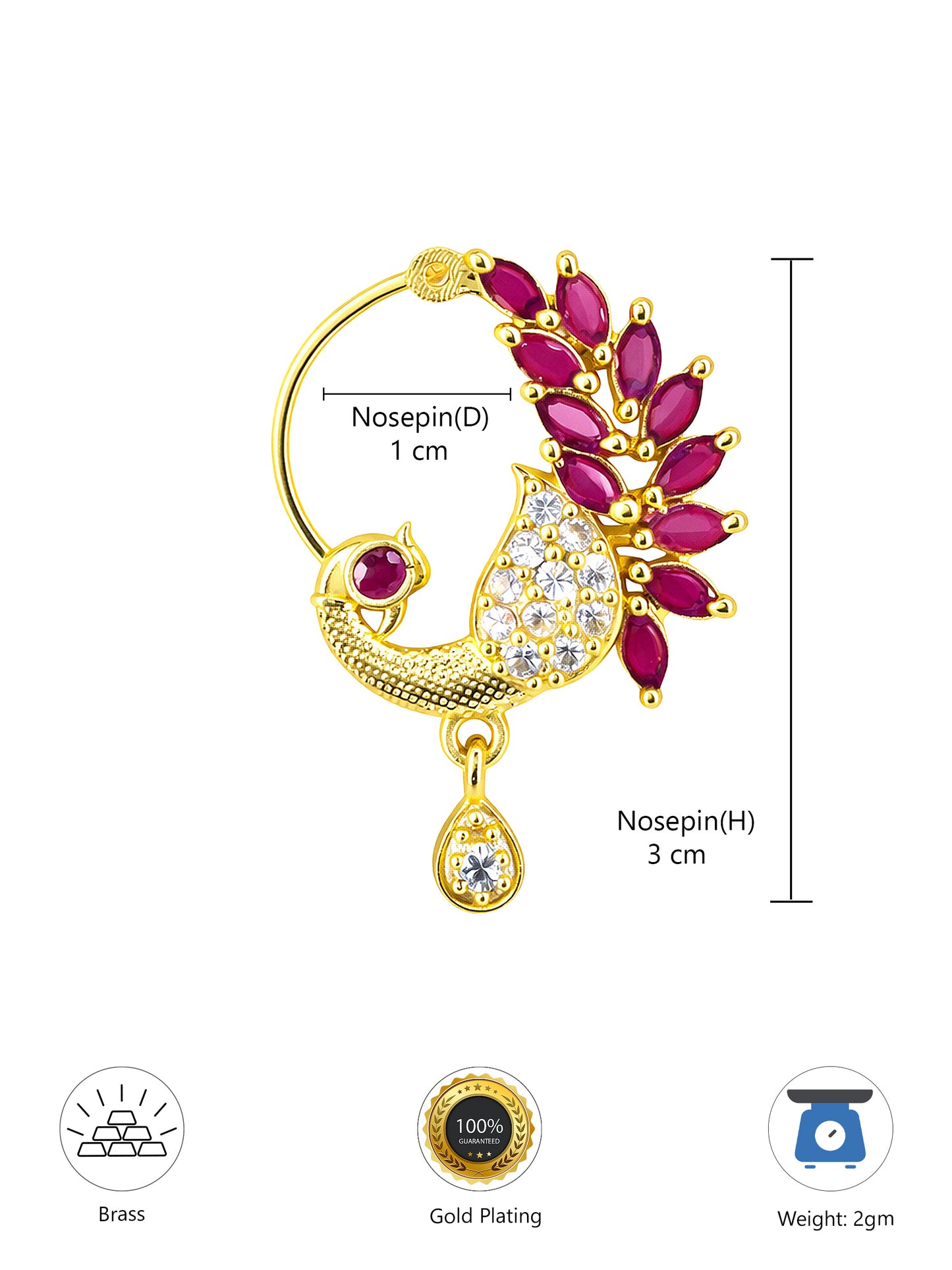 Gold Plated American Dimaond Peacock Drop Nose Ring