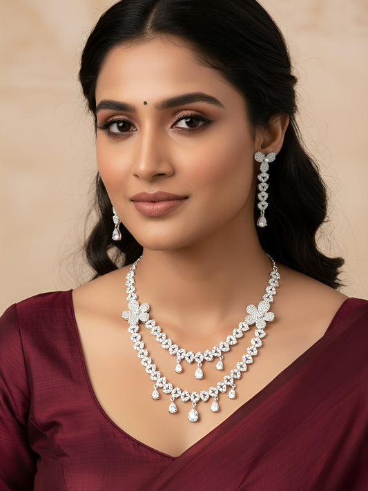 Silver Plated White AD Studded Designer Jewellery Set