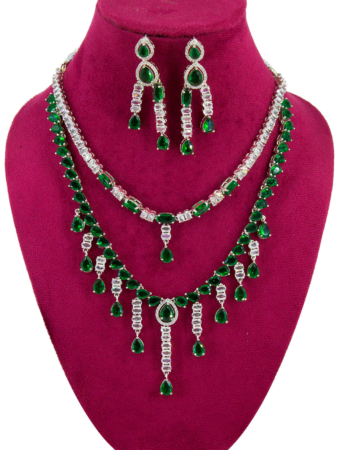 Silver Plated Green AD Designer 2 Layer Cocktail Jewellery Set