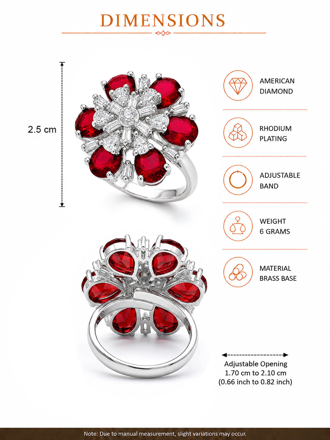 Silver Plated Red AD Floral Finger Ring for Women