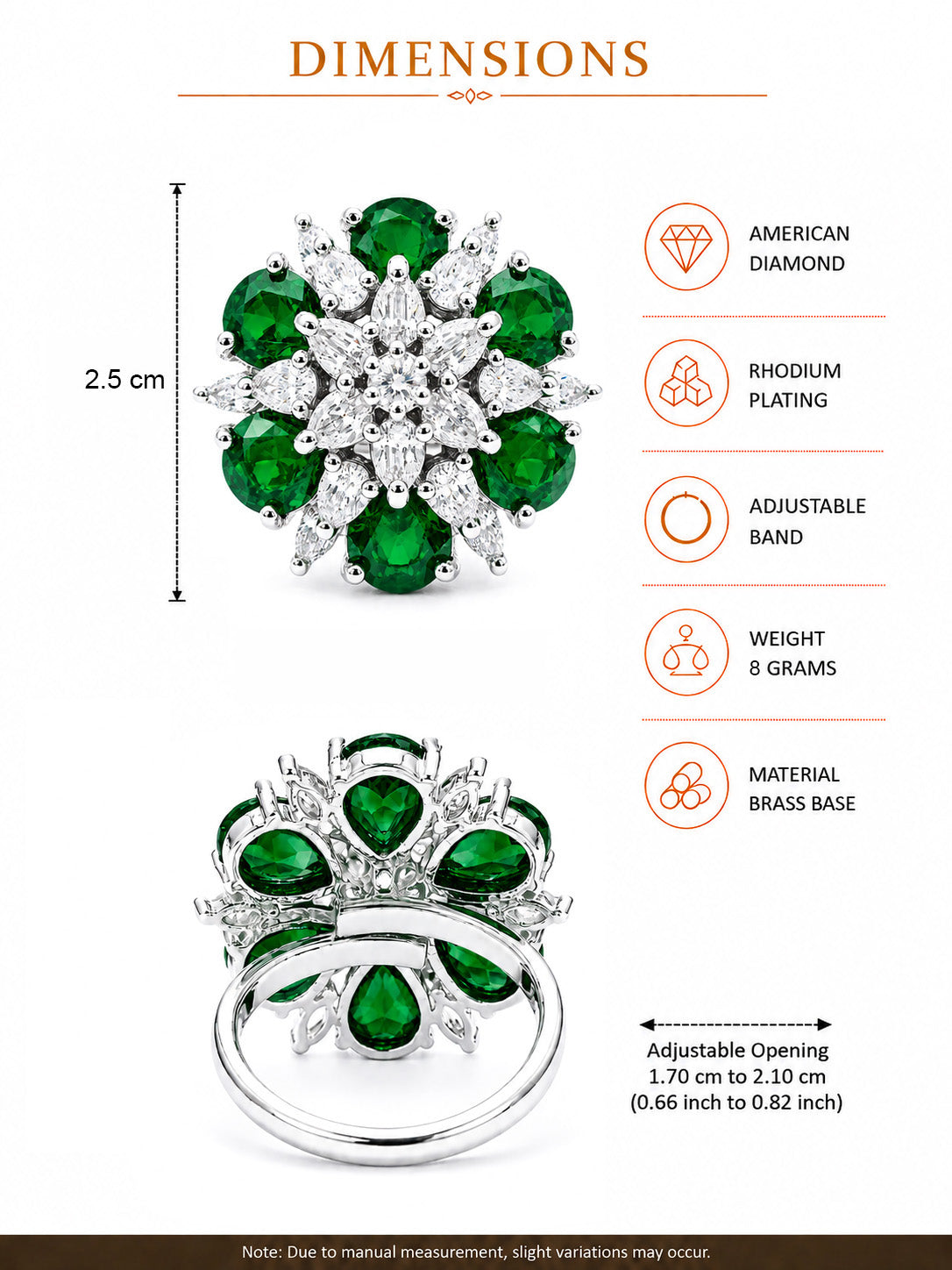 Rhodium Plated Green AD Finger Ring for Women