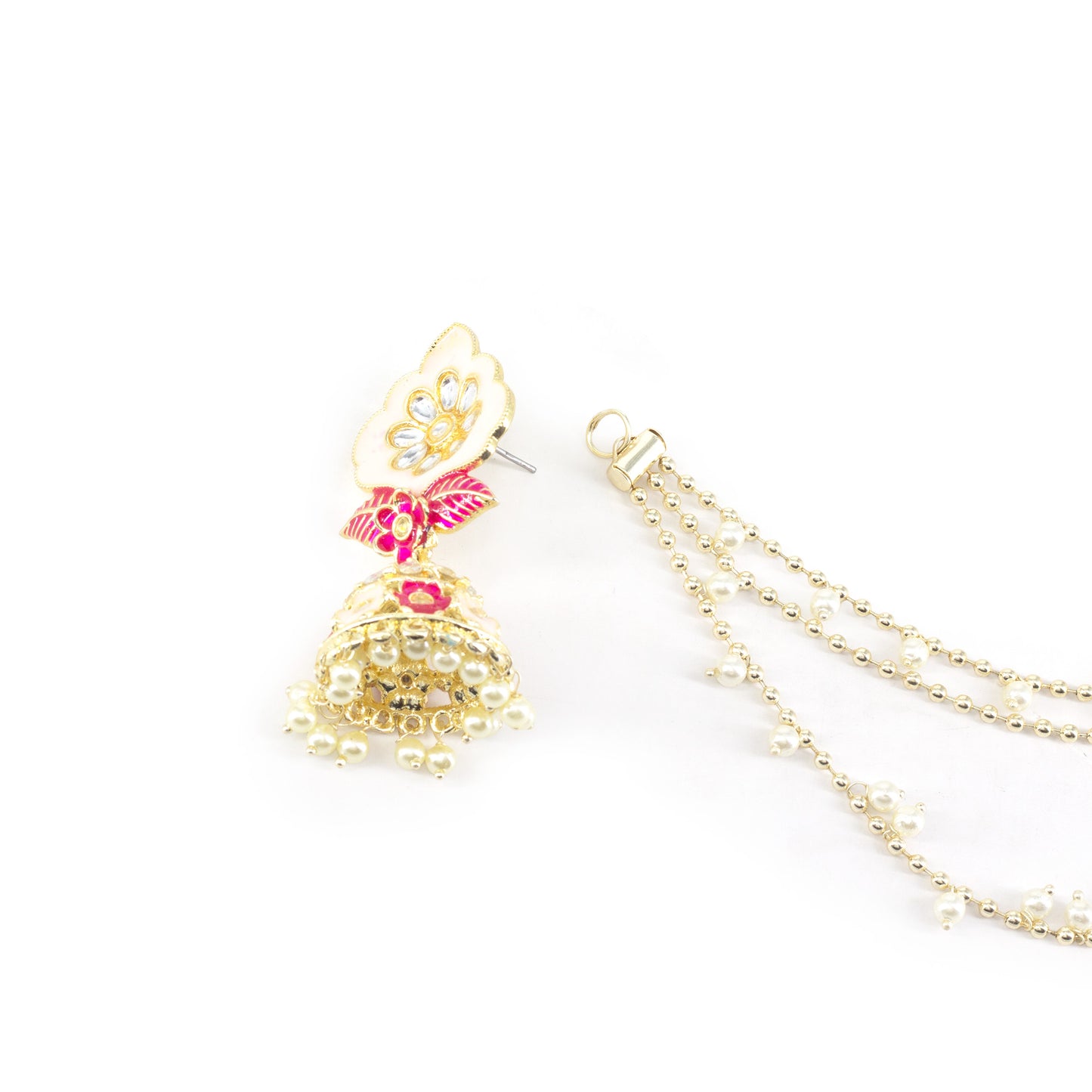 Gold Plated Meenakari Kundan Floral Design Jhumka Earrings with ear Chain for Women