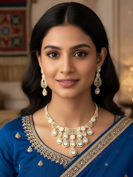 Gold Plated White AD Studded Designer Jewellery Set