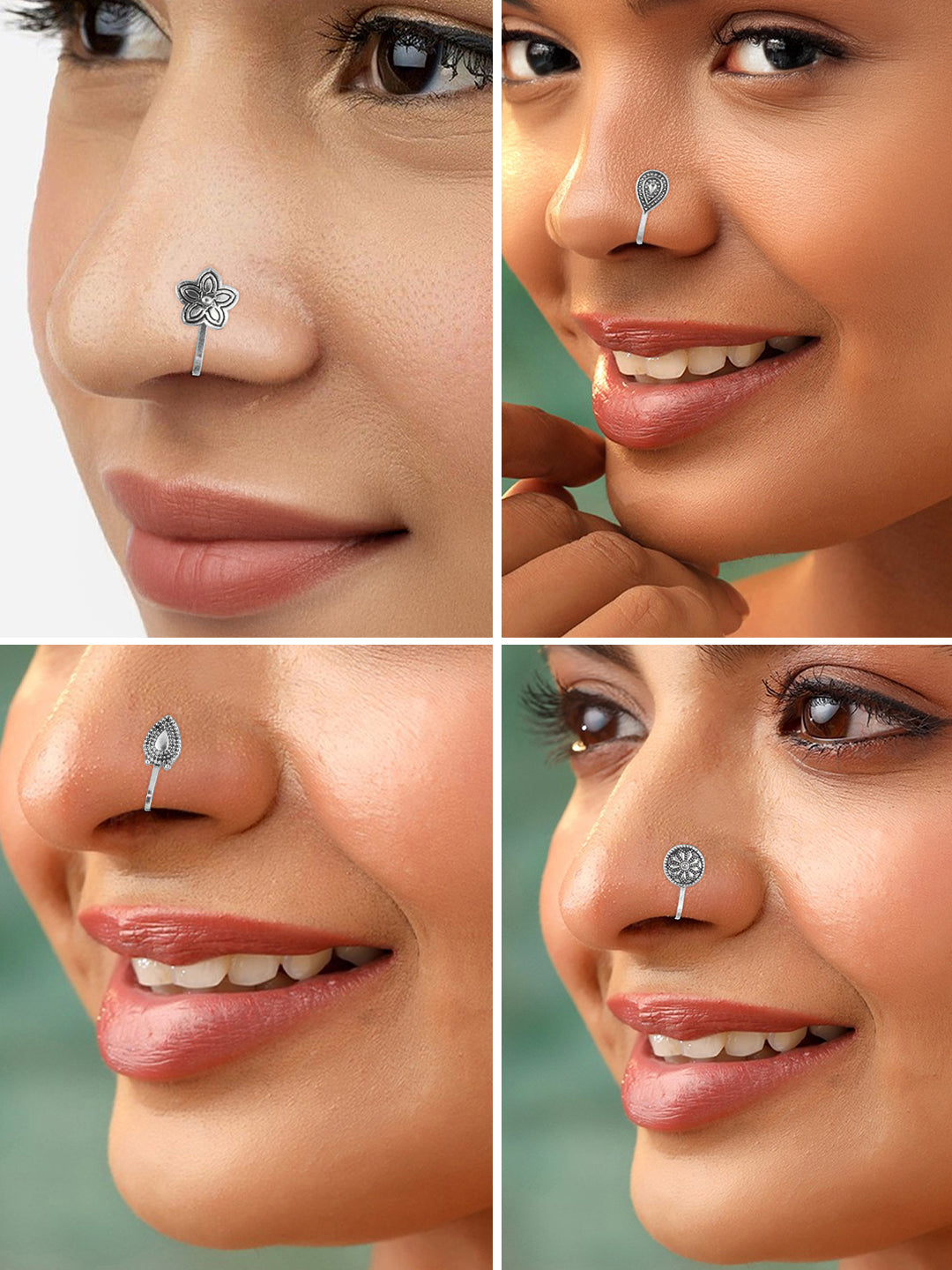 Set of 12 Silver-Oxidised Floral Non-Piercing Nosepins