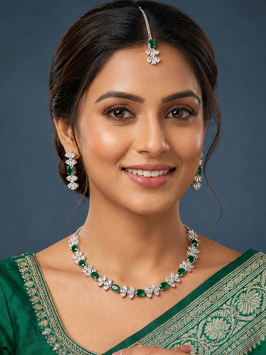 Silver Plated Green AD Jewellery Set for Women