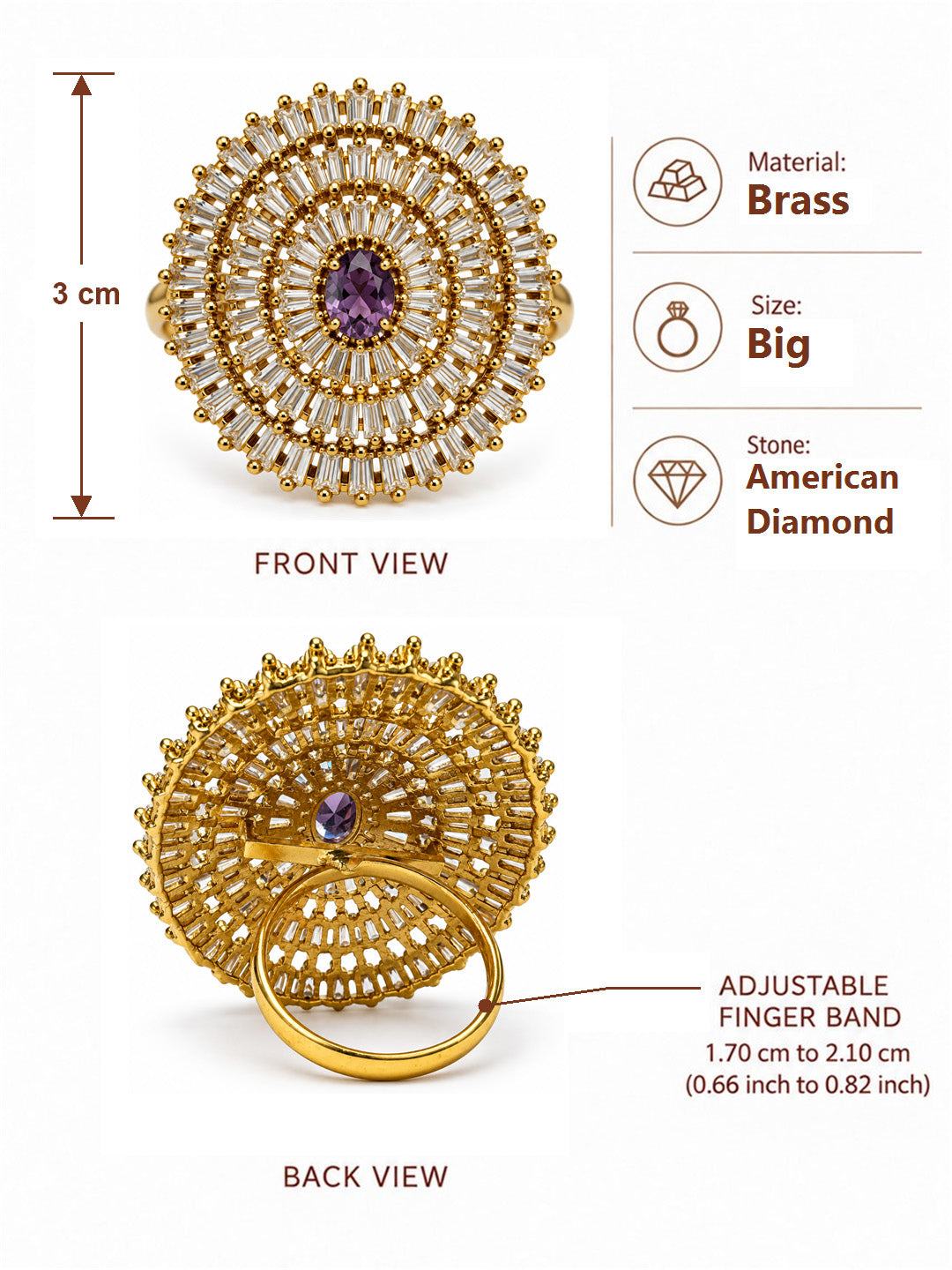 Antique Gold Plated Purple AD Finger Ring for Women