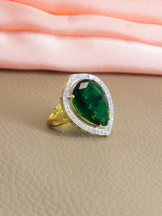 Green Teardrop Stone AD Ring – Gold Plated | Designer Statement Ring