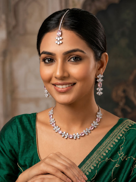Silver Plated Pink AD Jewellery Set for Women