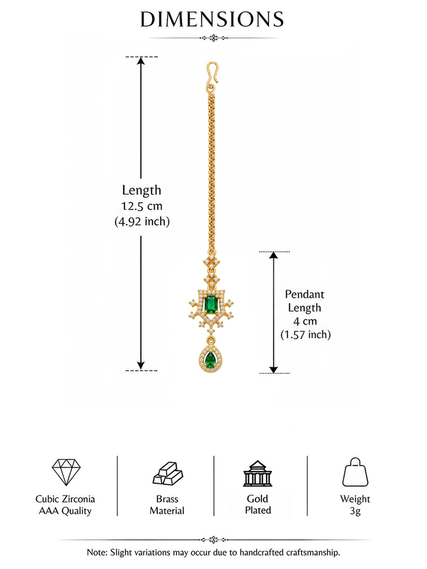 Gold Plated Green AD Maang Tikka for Women