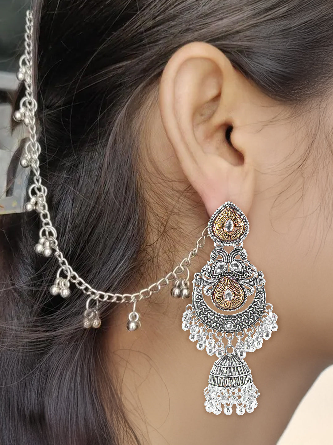 Dual-Tone Afghani Jhumka Earrings With Ear Chain