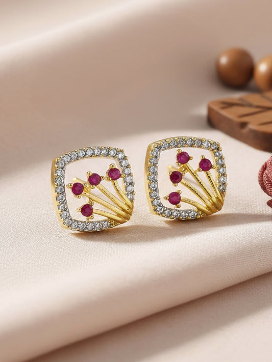 Gold Plated Red AD Stud Earrings for Women