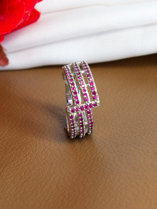 Silver Pink Stone Premium AD Ring – Multi-Row Band Design