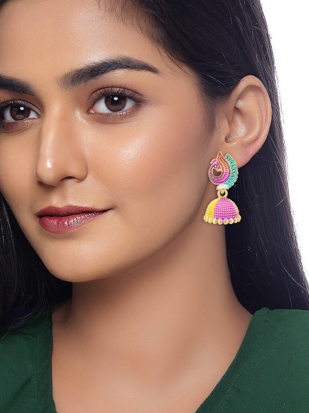 Gold Plated Peacock Multi Color Artificial Beaded Jhumki Earrings
