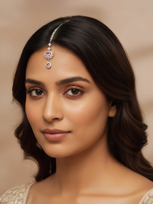 Silver Plated Pink AD Maang Tikka for Women