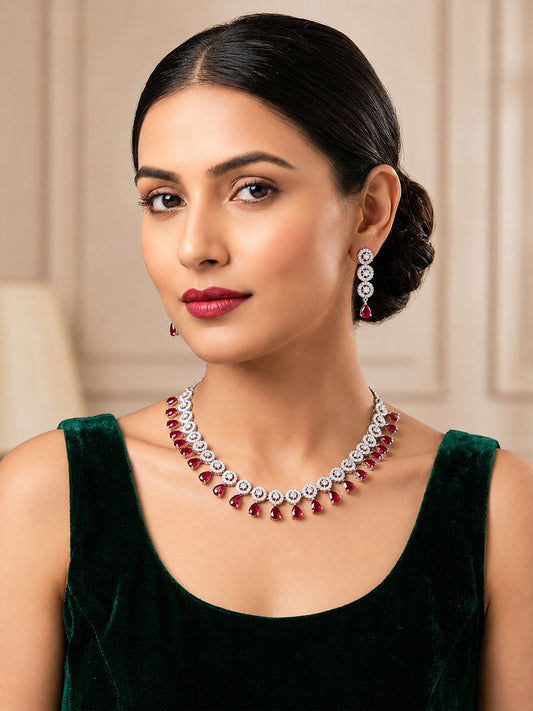 Silver Plated Red AD Jewellery Set for Women