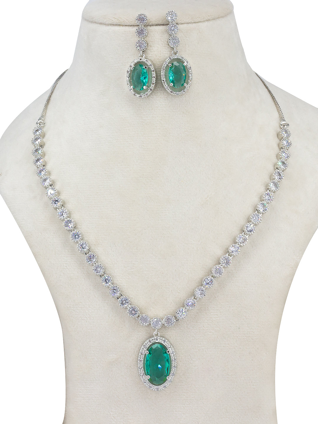 Rhodium Plated Green Oval Shaped American Diamond Jewellery Set