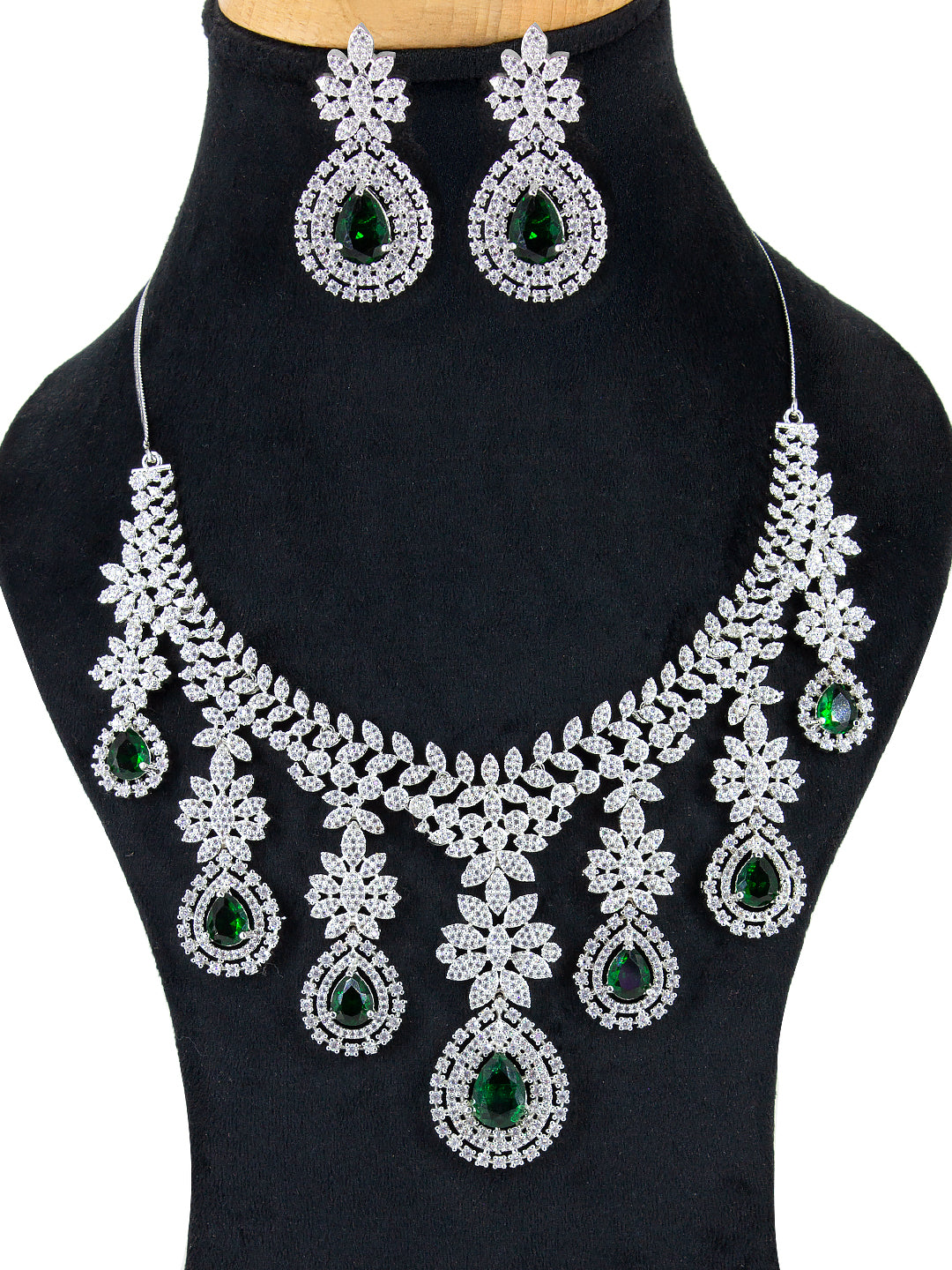Rhodium-Plated Green Statement AD-Studded Bridal Jewellery Set