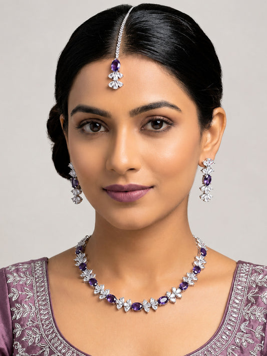 Silver Plated Purple AD Jewellery Set for Women