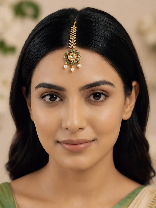 Gold Plated Green AD Designer Maang Tikka for Women
