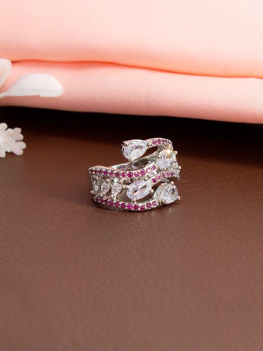 Silver Pink Stone Premium AD Ring – Stylish Multi-Line Design Adjustable Finger Ring